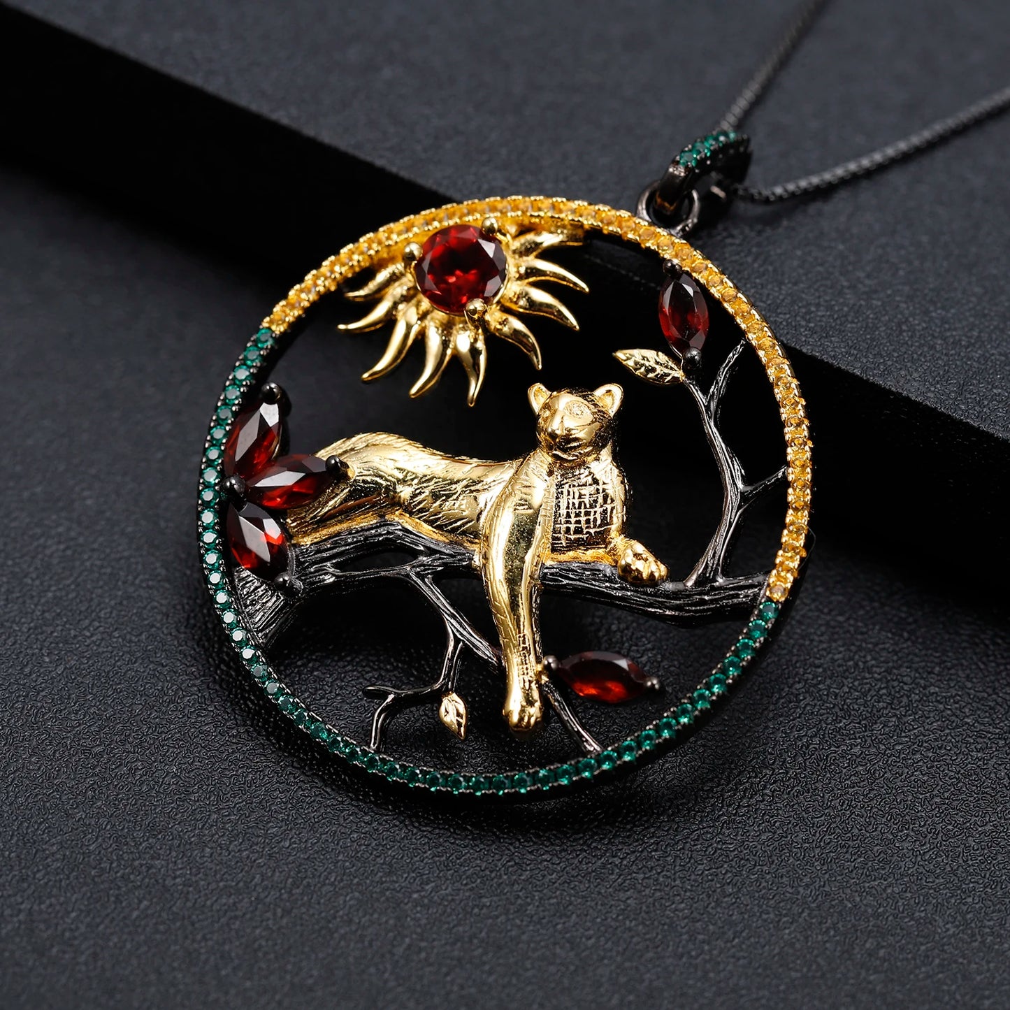 Leopard In A Tree | Garnet | Blue Topaz | Agate | Diopside | Black Rhodium Plated Sterling Silver | 18K Gold | Necklace