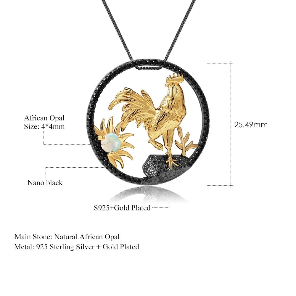Year of the Rooster Chinese Zodiac | Black Rhodium Plated Sterling Silver | 18K Gold | Opal | Amethyst | Garnet | Necklace
