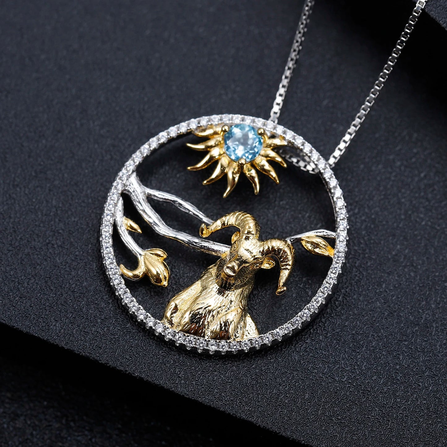 Year of the Goat Chinese Zodiac | Sterling Silver | 18K Gold | Opal | Blue Topaz | Diopside | Necklace