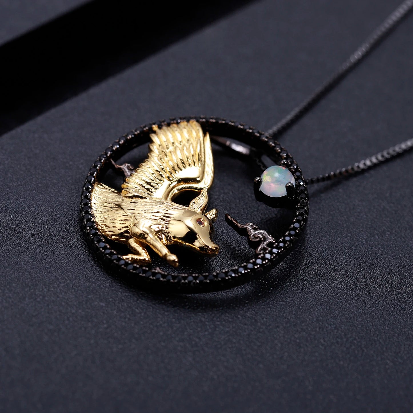 Year of the Pig Chinese Zodiac | Black Rhodium Plated Sterling Silver | 18K Gold | Opal | Garnet | Amethyst | Necklace