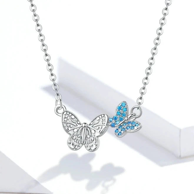 Butterfly Duo | Sterling Silver | Blue Zirconia | Platinum Plated | Necklace