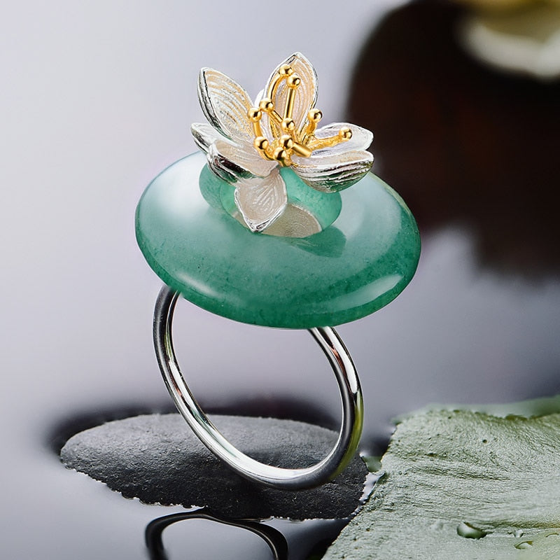 Lotus Flower | Rose Quartz | Aventurine | Sterling Silver | 18K Gold | Adjustable Ring
