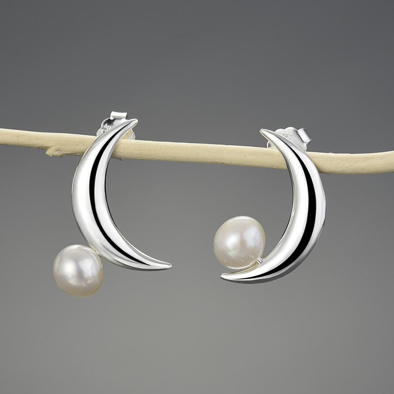 Crescent Moon | Freshwater Pearl | Sterling Silver | 18K Gold | Asymmetric Earrings