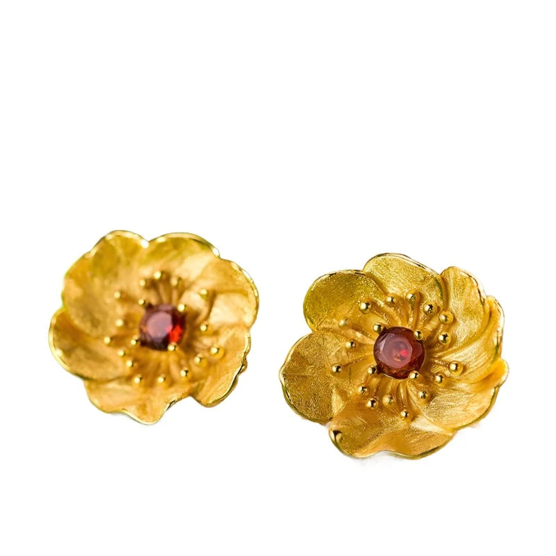 Poppy Flower | Sterling Silver | 18K Gold | Peridot | Garnet | Amethyst | Blue Topz | Stud Earrings