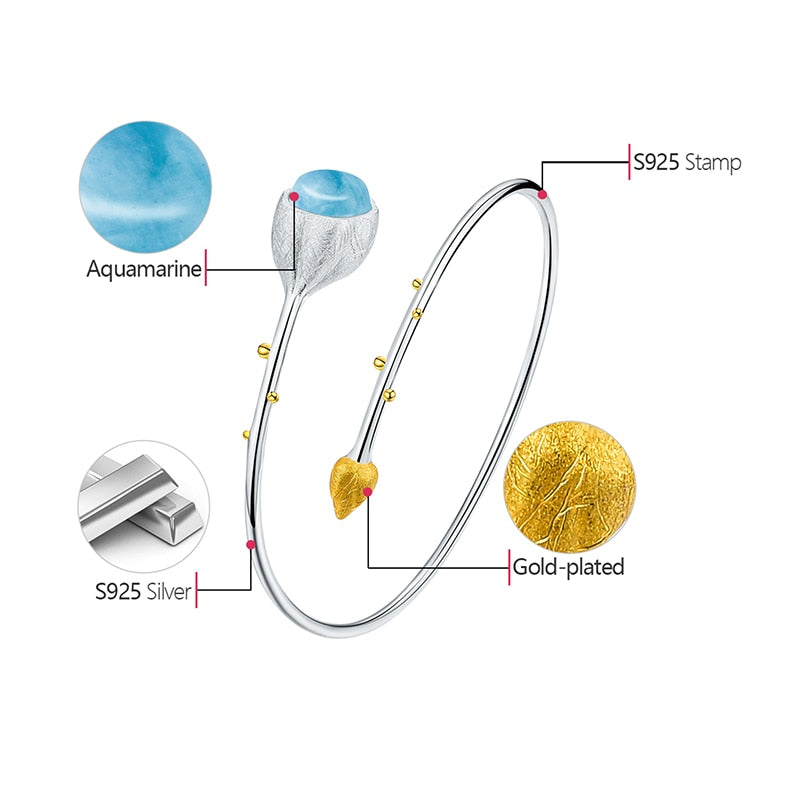 Budding Lotus Flower | Aquamarine | Sterling Silver | 18K Gold | Bracelet