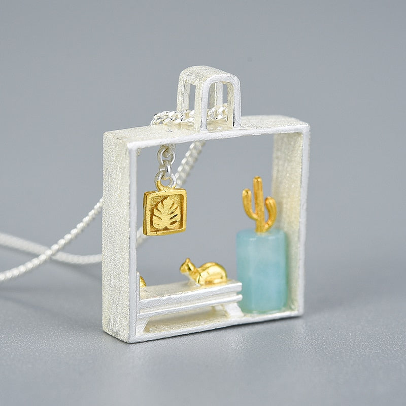 Snoozing Cat On Couch Diorama | Amazonite | Sterling Silver | 18K Gold | Jewelry Set