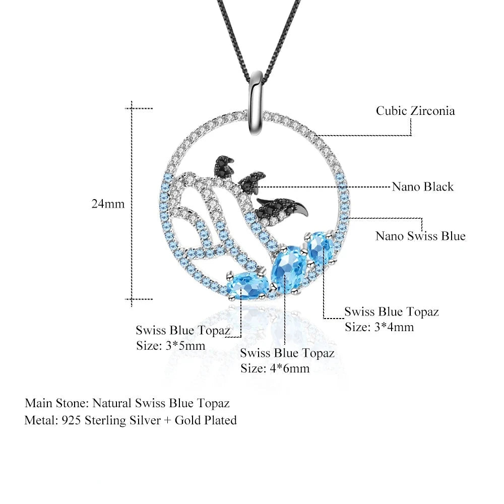 Penguins Playing on Iceberg | Blue Topaz | Nano-Sapphire | Rhodolite | Sterling Silver | Necklace