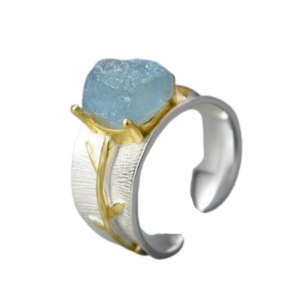 Leaf | Aquamarine | Sterling Silver | 18K Gold | Adjustable Ring