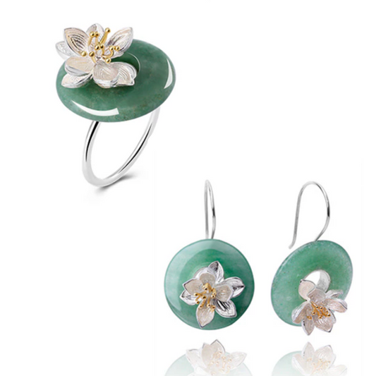 Lotus Flower | Aventurine | Sterling Silver | 18K Gold | Jewelry Set