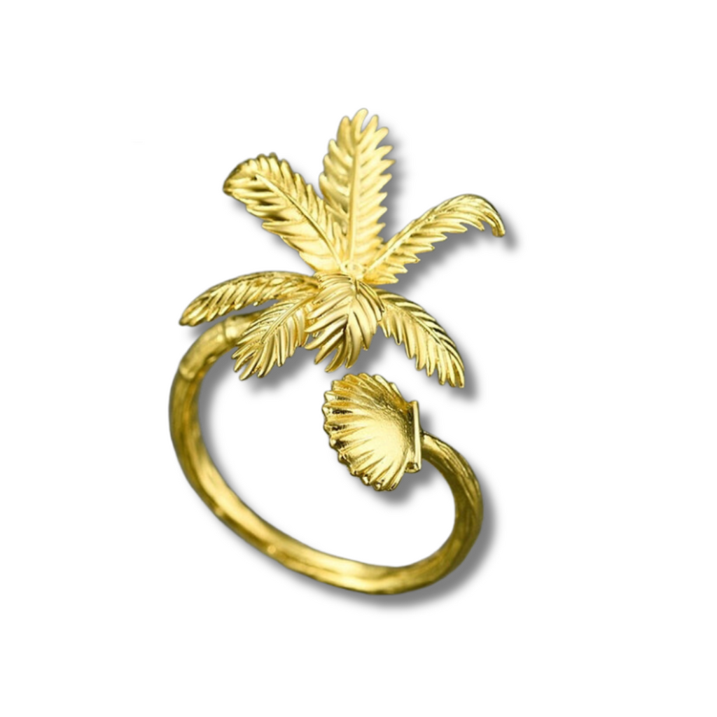 Palm Tree & Seashell | Sterling Silver | 18K Gold | Adjustable Ring