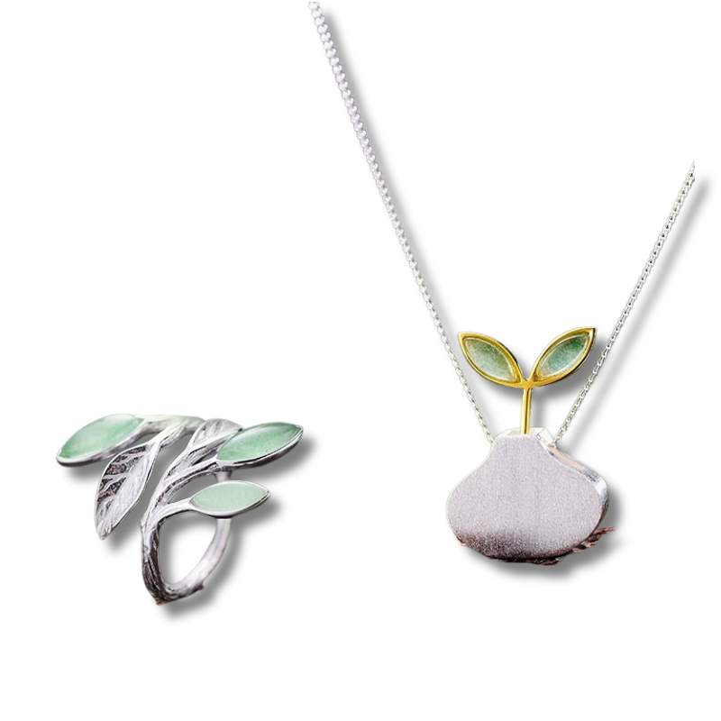 Pear & Leaves | Aventurine | Sterling Silver | 18K Gold | Jewelry Set