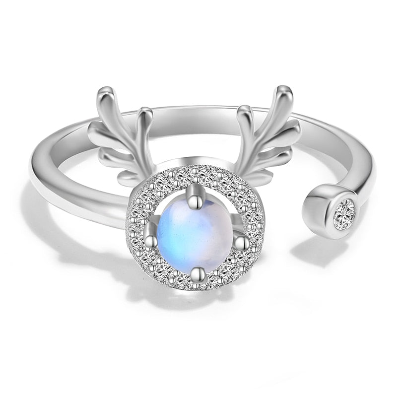 Reindeer | Zirconia | Blue Moonstone | Sterling Silver | White Gold | Adjustable Ring
