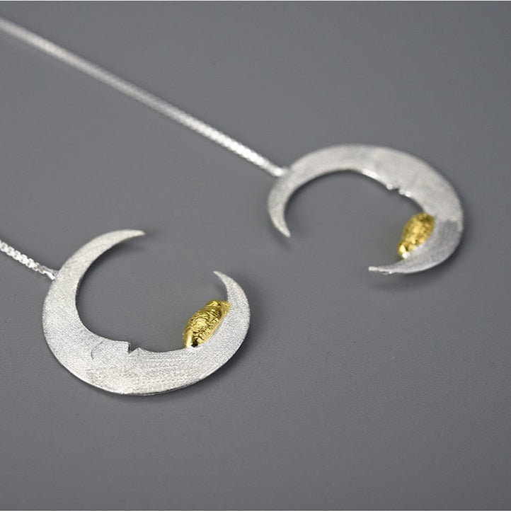 Cat Sleeping On Crescent Moon | Sterling Silver | 18K Gold | Dangle Earrings