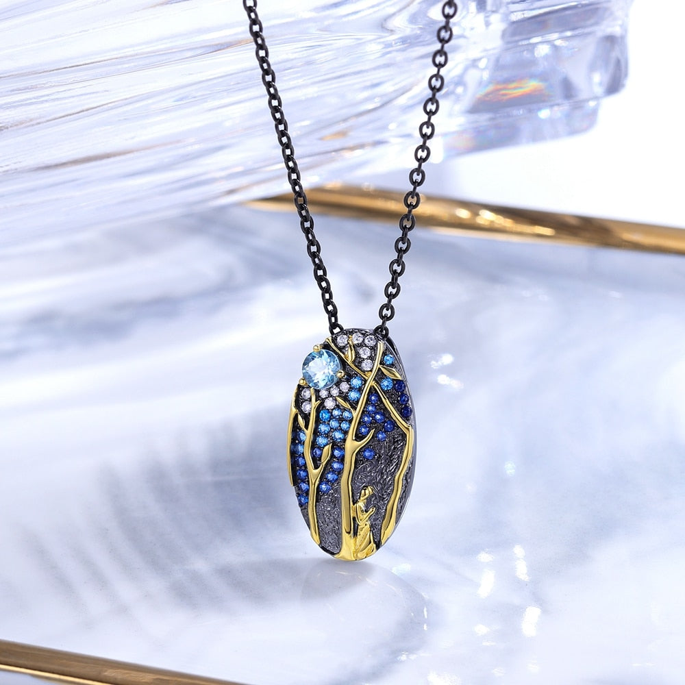 Midnight Forest | Sterling Silver | 18K Gold | Moonstone | Blue Topaz | Zirconia | Necklace