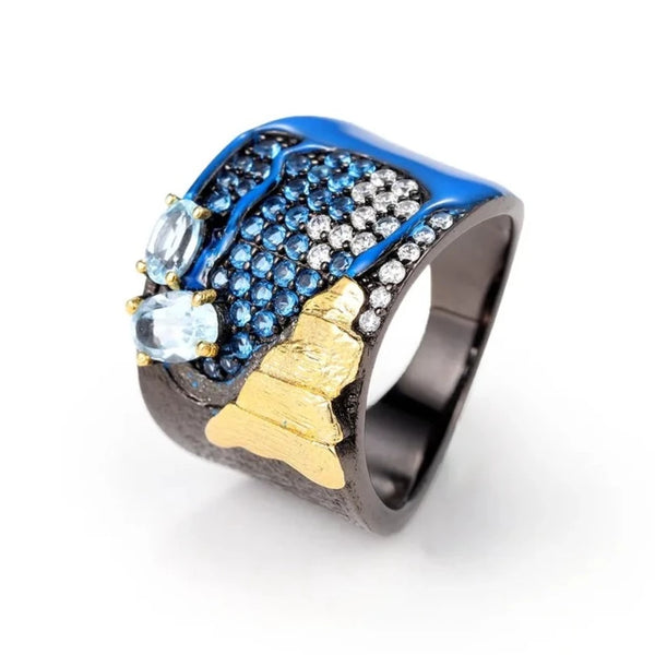 Moonlit Sea | Blue Topaz | Nano-Sapphire | Zirconia | Sterling Silver | 18K Gold | Ring