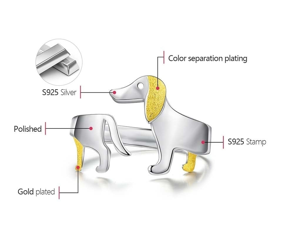 Dachshund Dog  | Sterling Silver | 18K Gold | Adjustable Ring