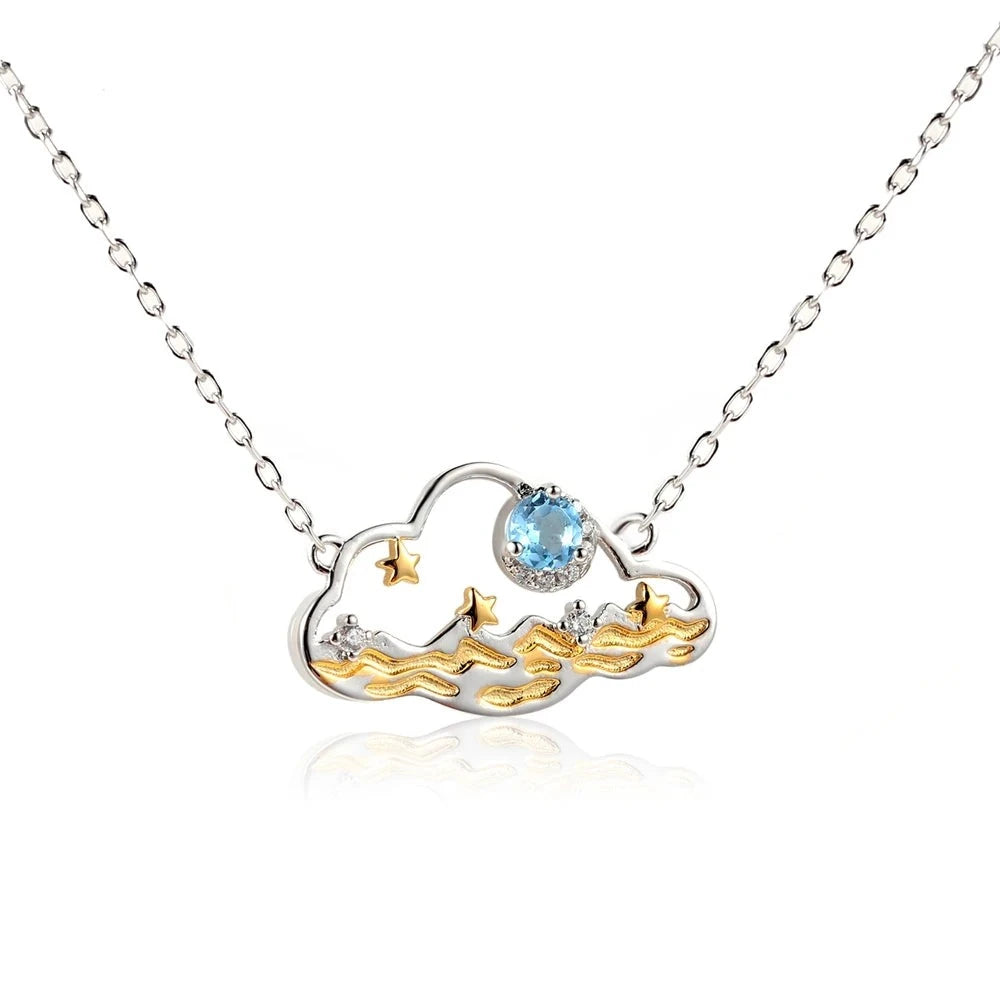 Moon and Stars Above the Clouds | Opal | Blue Topaz | Sterling Silver | 18K Gold |  Necklace