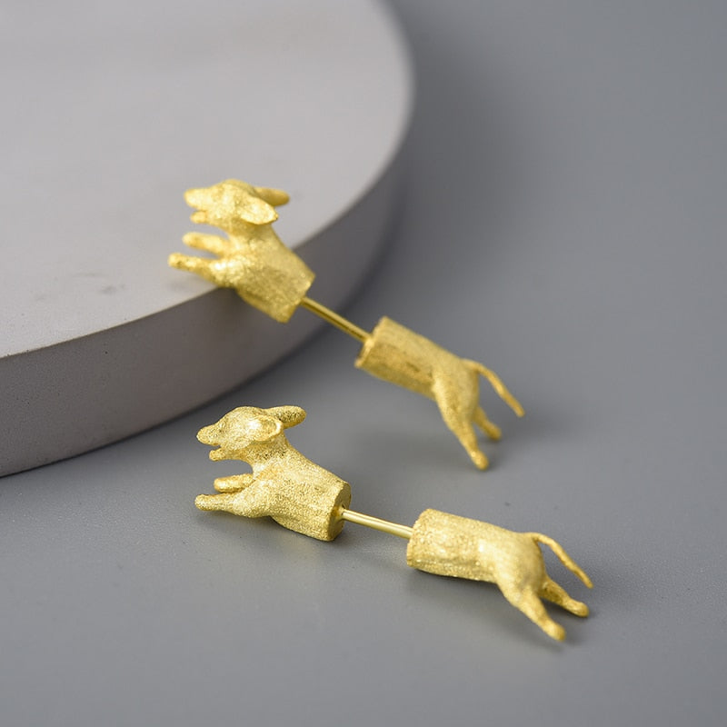 Jumping Dachshund Dogs | Sterling Silver | 18K Gold | Stud Earrings