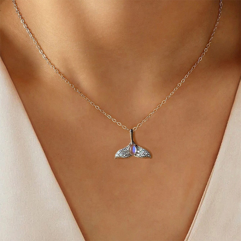 Whale Tale | Zirconia | Blue Moonstone | Sterling Silver | White Gold | Necklace