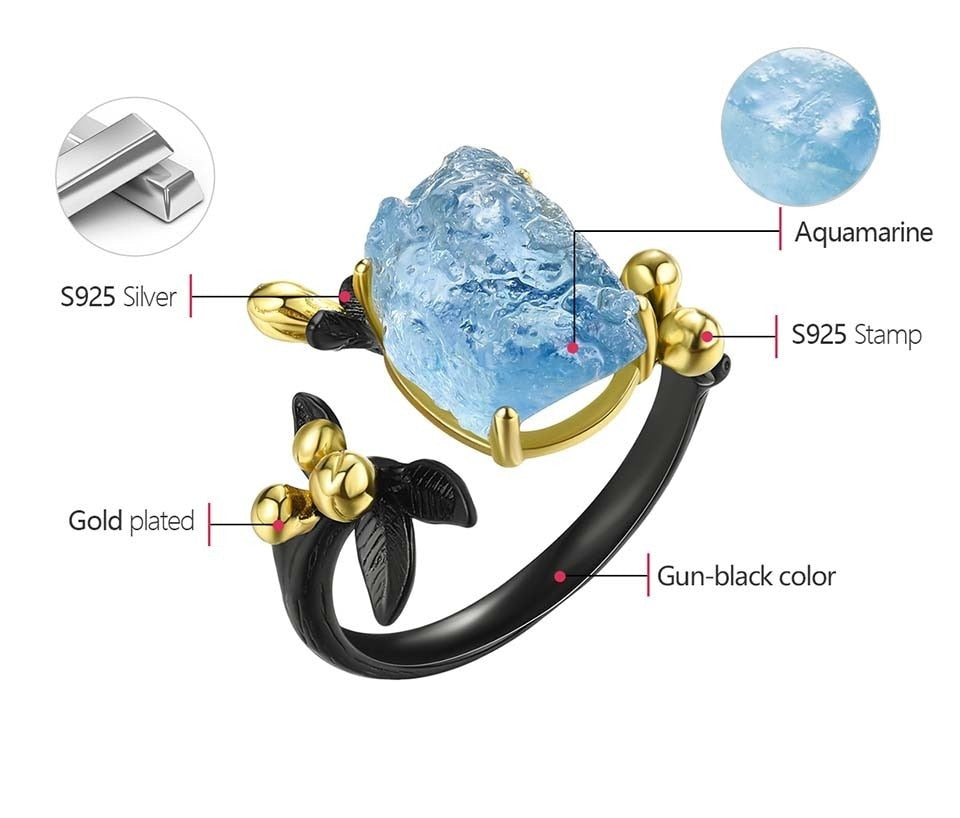 Flower | Aquamarine | Sterling Silver | 18K Gold | Adjustable Ring