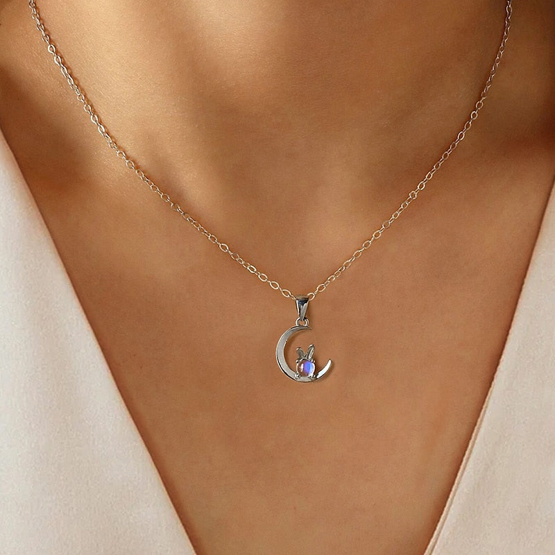 Bunny on Crescent Moon | Blue MoonStone | Sterling Silver | White Gold | Necklace