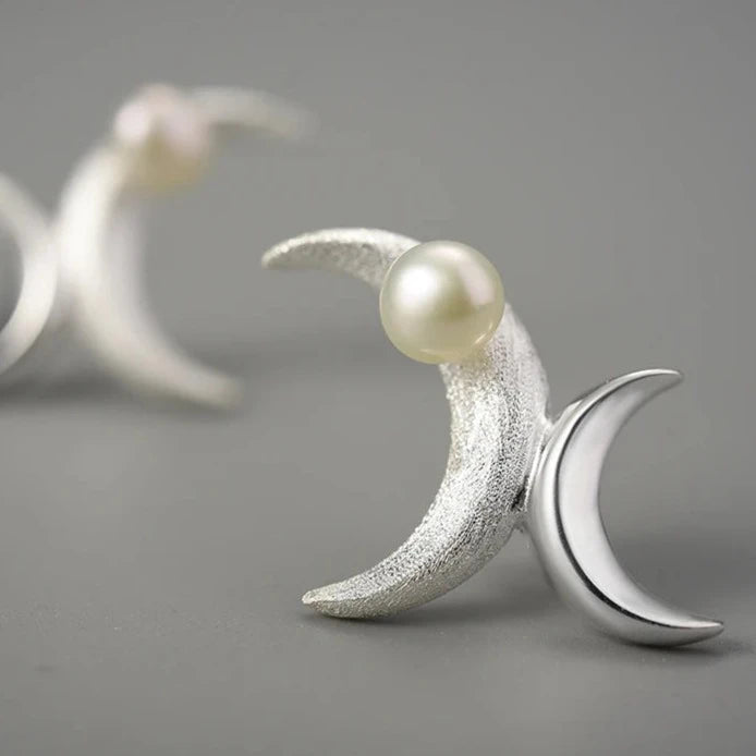 Crescent Moons | Sterling Silver | 18K Gold | Freshwater Pearl | Stud Earrings
