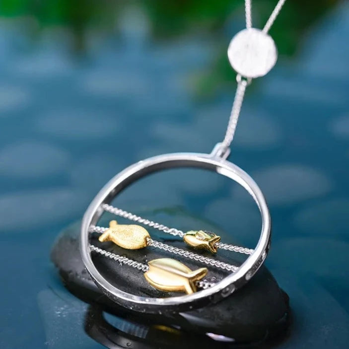 Moveable Swimming Fish In Pond | Sterling Silver | 18K gold | Pendant