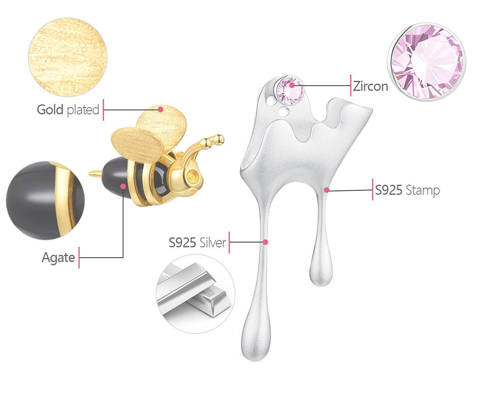 Honey Bee & Dripping Honey | Zirconia | Agate | Sterling Silver | 18K Gold | Asymmetric Stud Earrings