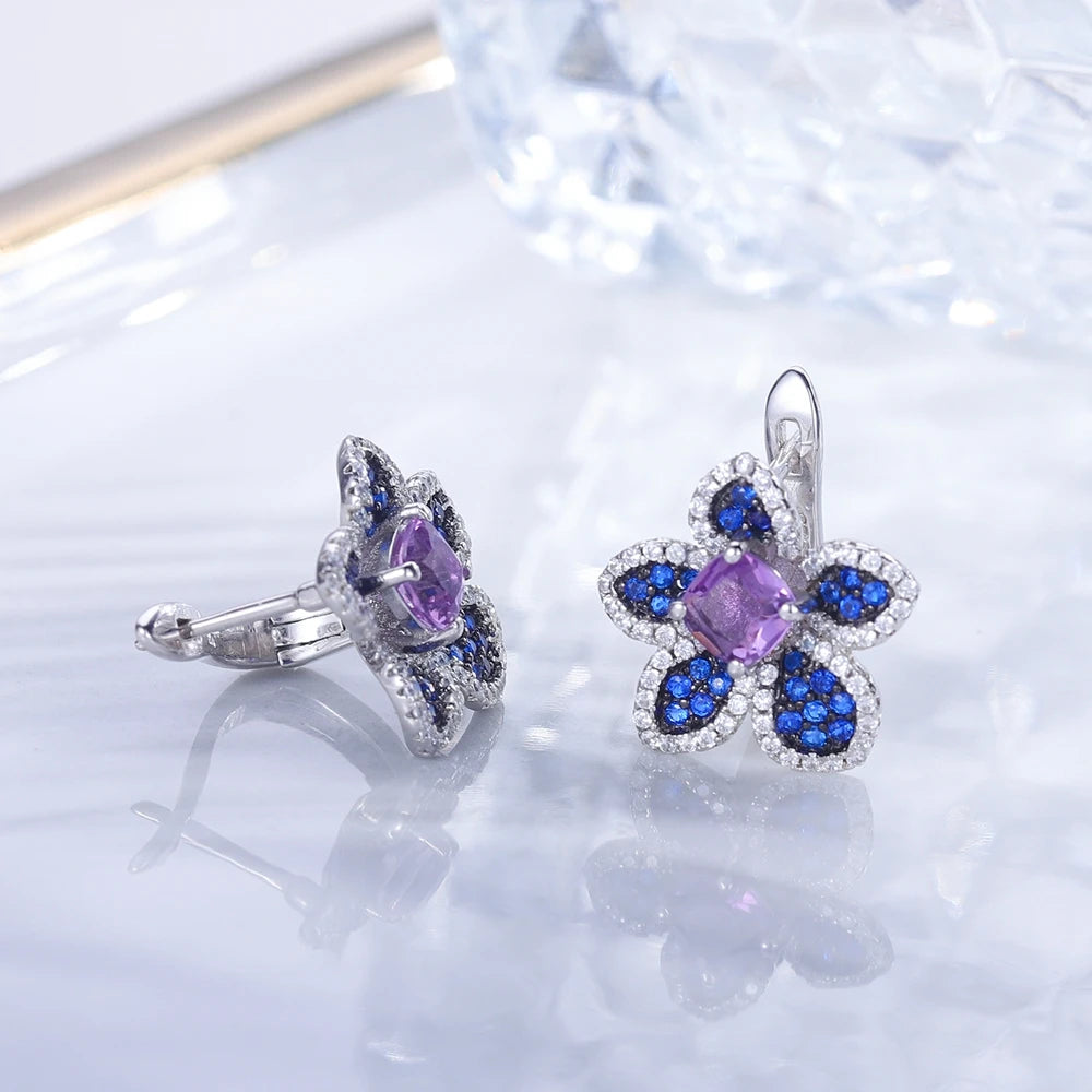 Blue Tropical Flower | Nano-Sapphire | Blue Topaz | Citrine | Amethyst | Sterling Silver | Dangle Earrings