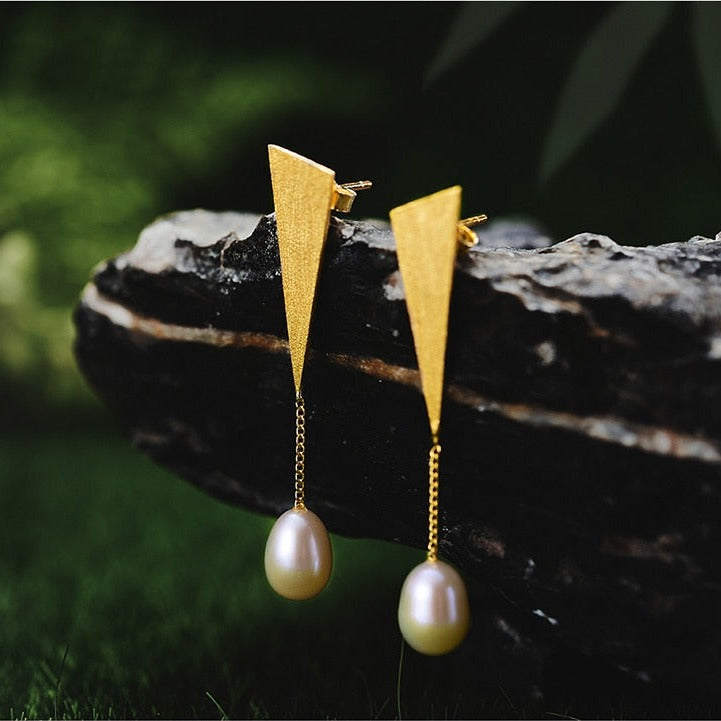 Triangle | Freshwater Pearl | Drop Earrings | Sterling Silver | 18K Gold