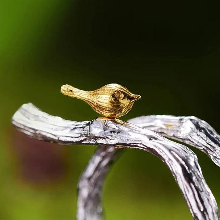 Birds On Branch | Sterling Silver | 18K Gold | Two-Finger Ring