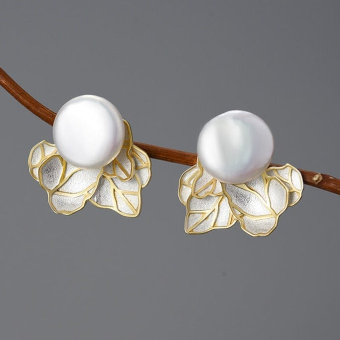 Leaf | Freshwater Pearl | Sterling Silver | 18K Gold | Stud Earrings