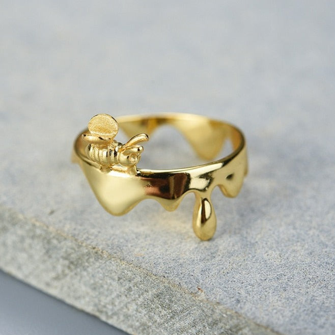 Bee and Dripping Honey | Sterling Silver | 18K Gold | Ring
