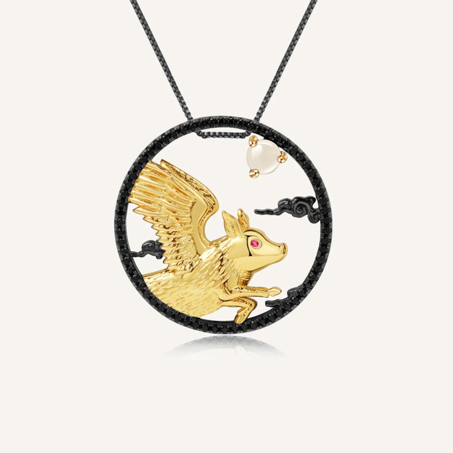 Year of the Pig Chinese Zodiac | Black Rhodium Plated Sterling Silver | 18K Gold | Opal | Garnet | Amethyst | Necklace