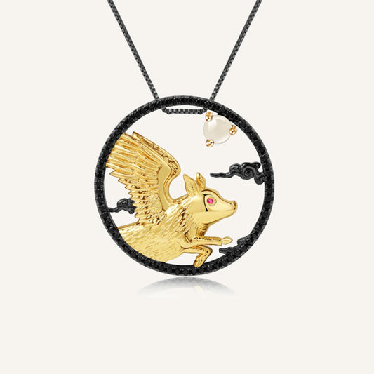 Year of the Pig Chinese Zodiac | Black Rhodium Plated Sterling Silver | 18K Gold | Opal | Garnet | Amethyst | Necklace