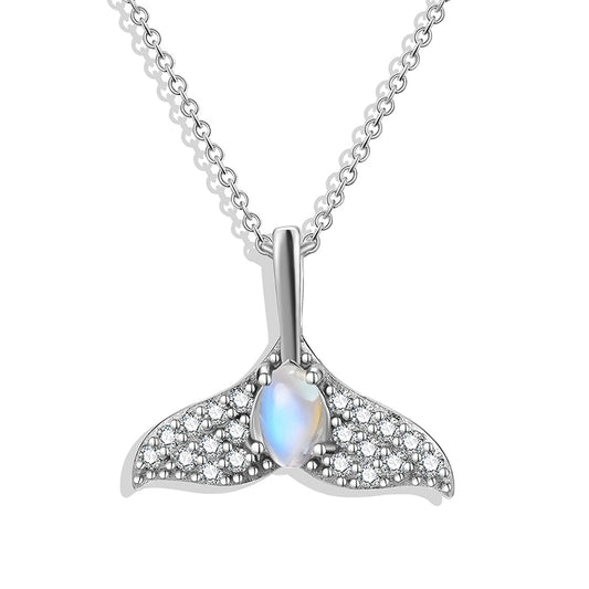 Whale Tale | Zirconia | Blue Moonstone | Sterling Silver | White Gold | Necklace
