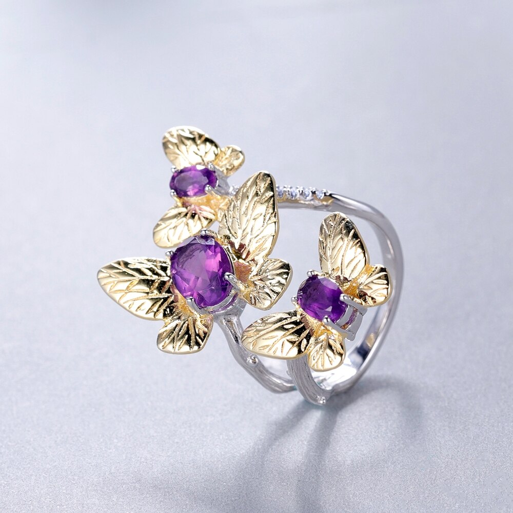 Three Butterflies | Sterling Silver | 18K Gold | Amethyst | Swiss Blue Topaz | Adjustable Ring
