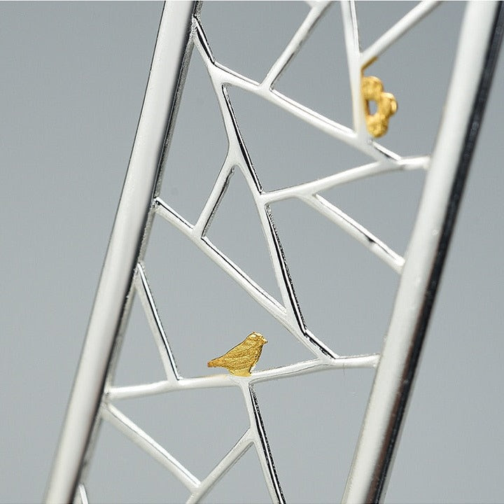 Birds On Geometric Branches | Sterling Silver | 18K Gold | Jewelry Set