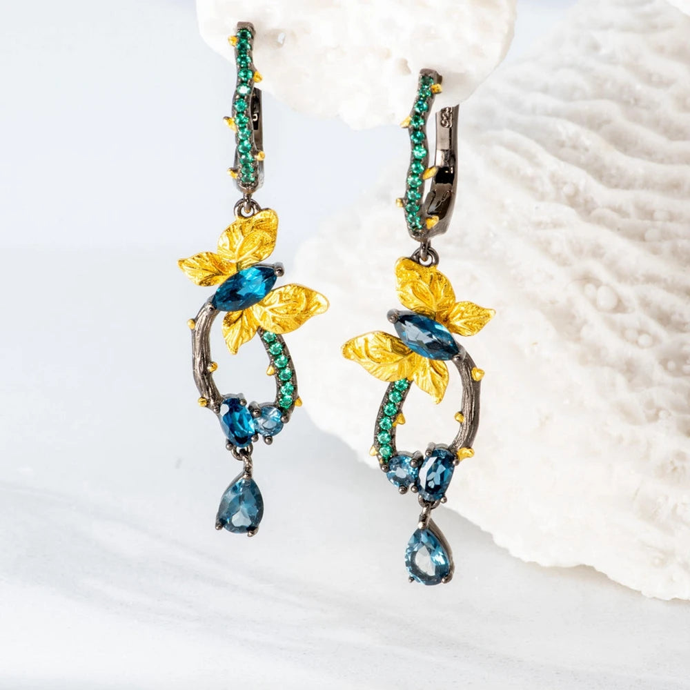 Ethereal Garden Butterfly | Agate | Diopside | Blue Topaz | Black Rhodium Plated Sterling Silver | 18K Gold | Dangle Earrings