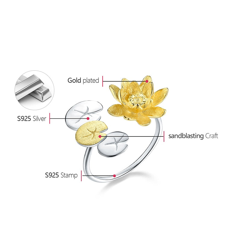 Lotus & Lily Pads | Sterling Silver | 18K Gold | Adjustable Ring