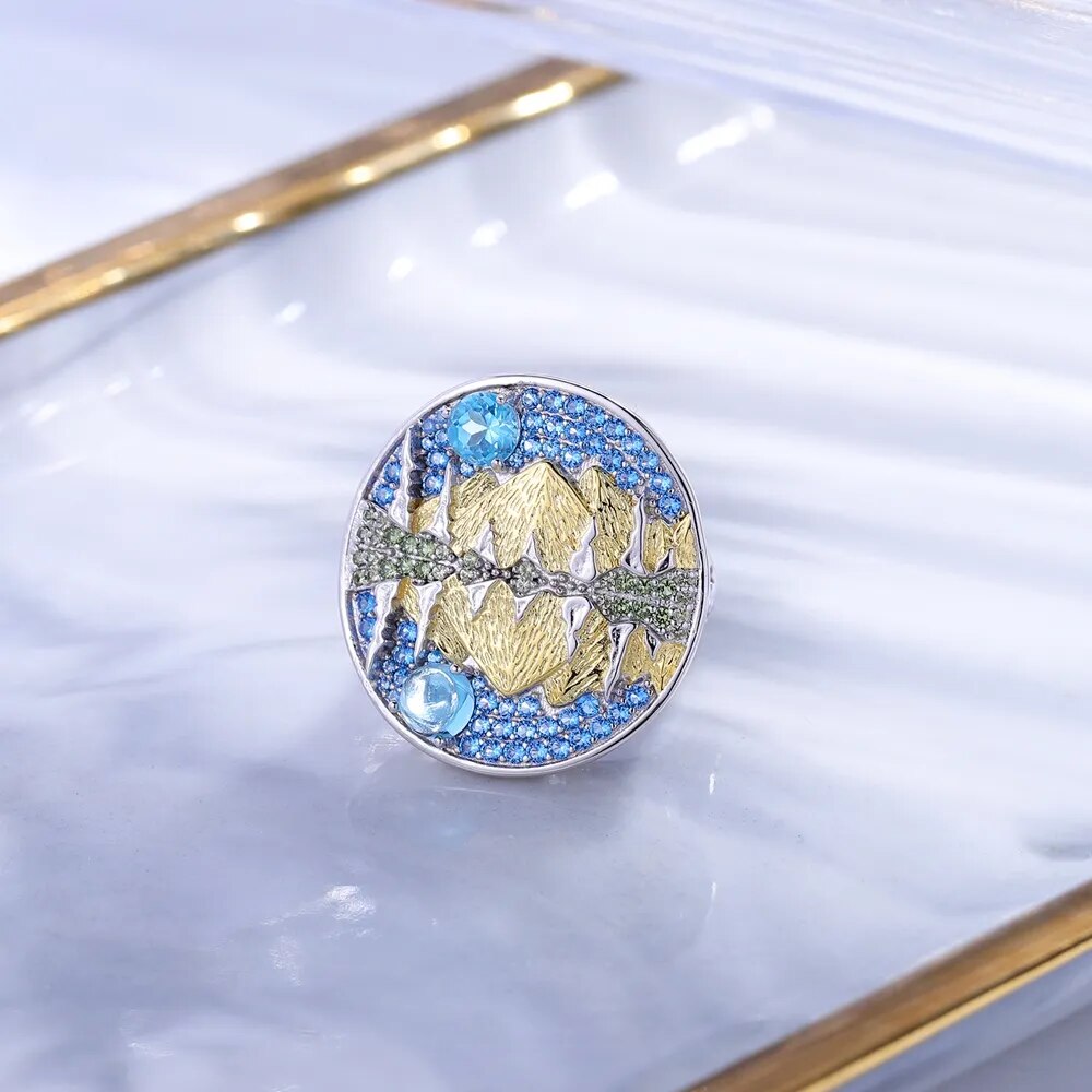Moonlit Mountains Lake Reflection | Blue Topaz | Peridot | Moonstone | Sterling Silver | 18K Gold | Adjustable Ring
