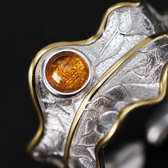 Peony Leaf | Sterling Silver Ring | 18K Gold | Tourmaline | Adjustable Ring
