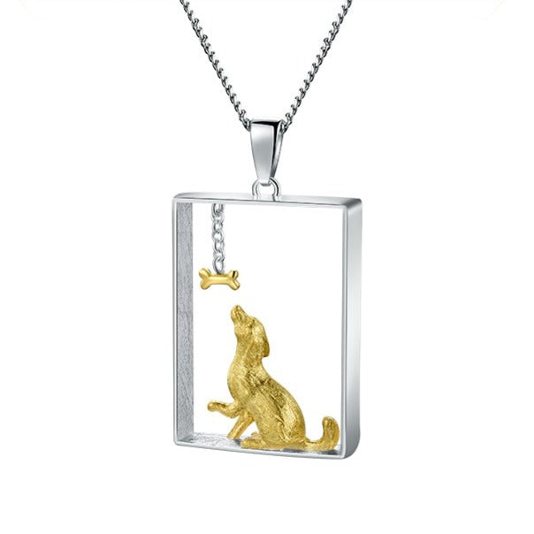 Dog & Bone Charm Diorama | Sterling Silver | 18K Gold | Necklace