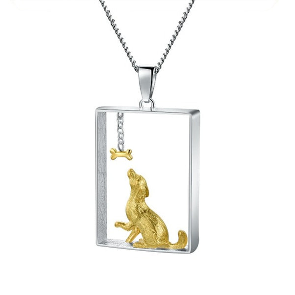 Dog & Bone Charm Diorama | Sterling Silver | 18K Gold | Necklace