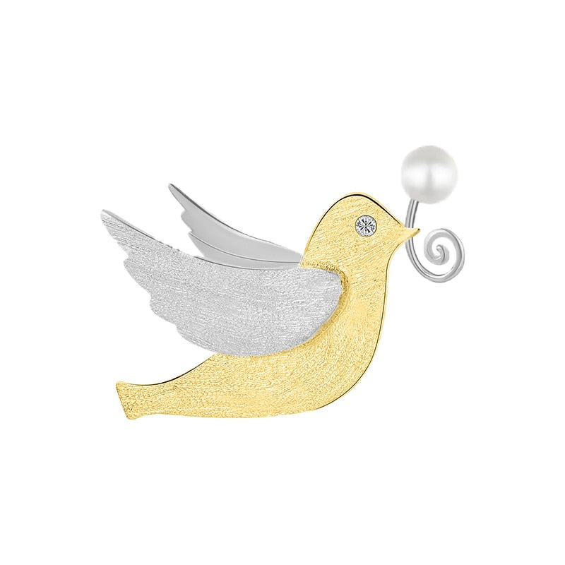 Peace Dove Carrying Berry | Pearl or Coral | Sterling Silver | 18K Gold | Brooch