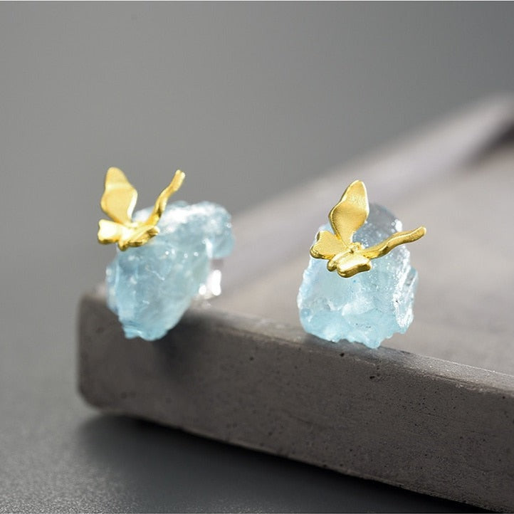 Butterfly | Aquamarine | Sterling Silver | 18K Gold | Stud Earrings
