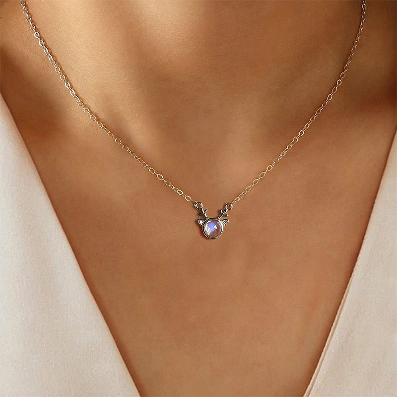 Reindeer | Zirconia | Blue Moonstone | Sterling Silver | White Gold | Necklace