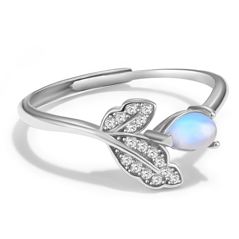 Flower Bud & Leaves | Blue Moonstone | Zirconia | Sterling Silver | White Gold | Adjustable Ring