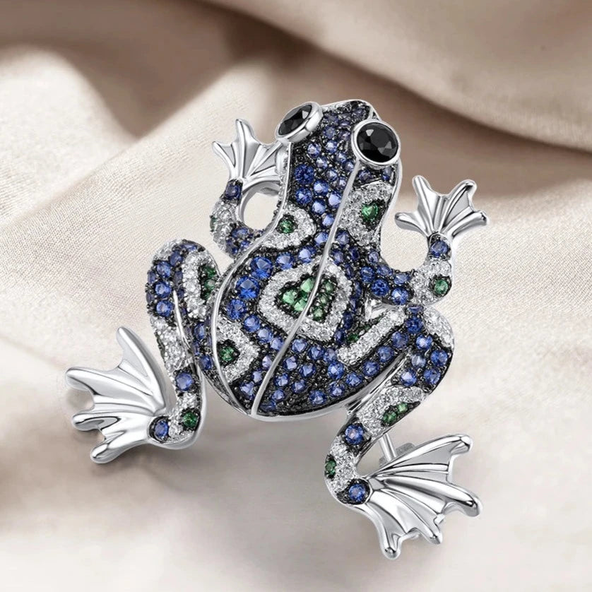 Blue and Green Frog | Black Spinel | Blue Zirconia | Green Spinel | White Zirconia | Sterling Silver | Brooch