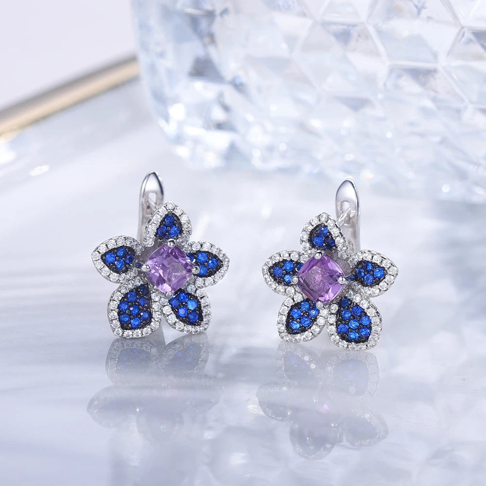 Blue Tropical Flower | Nano-Sapphire | Blue Topaz | Citrine | Amethyst | Sterling Silver | Dangle Earrings